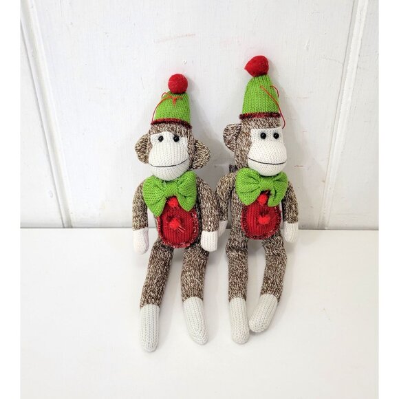 Sock Monkey Ornaments With Green Christmas Hats & Bow Ties, Set of Two - Picture 6 of 6